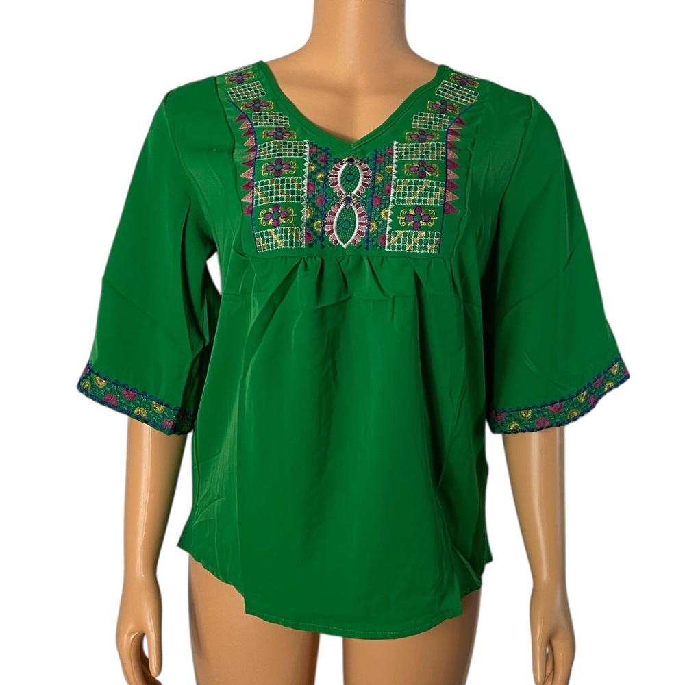 Boho Floral Embroidered Blouse for Women, Elbow-Length Sleeves, Green